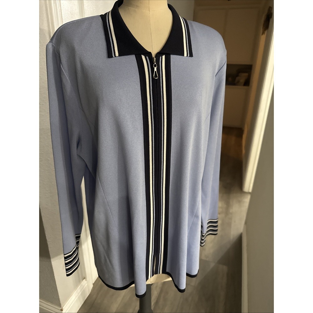 Exclusively Misook Blue Knit Blazer Zip Up Jacket Quiet Luxury Chic Large Korea